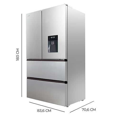Cecotec Réfrigérateur à Double Porte en Inox avec Distributeur d'Eau de 510 L Bolero CoolMarket FD 510 WD Inox E. 183 cm de Hauteur, 84 cm de Largeur, Moteur Inverter Plus, NoFrost Total