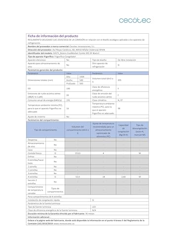 Cecotec Réfrigérateur Combinés Bolero CoolMarket Combi 205 DF Black E, 205 L, Classe E, DeFrost, 144 x 54 cm, Fast Cooling, Fast Freezing, Porte Réversible, Intérieur LED