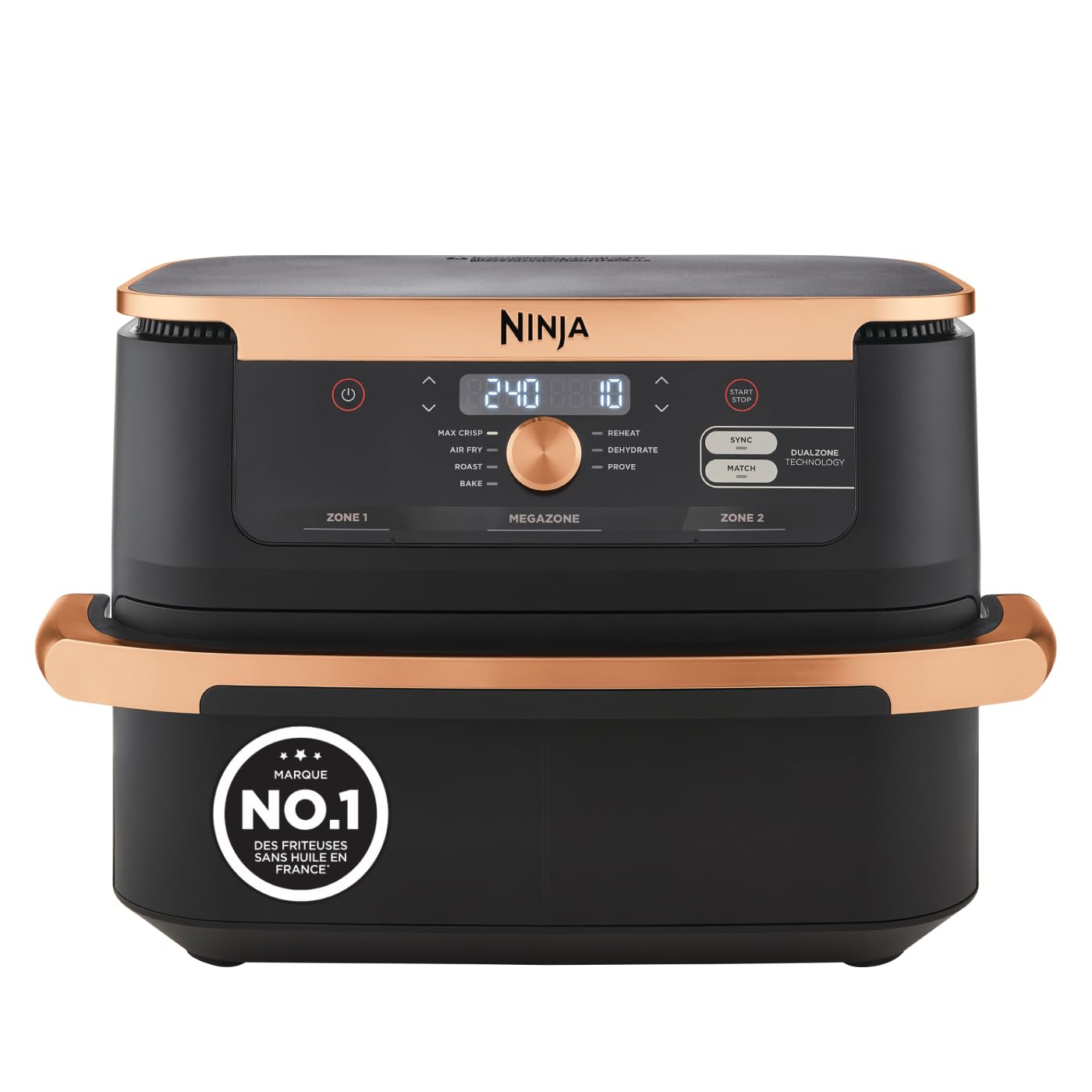 Foodi FlexDrawer Air Fryer, Dual Zone Avec Séparateur Amovible, Grand Tiroir de 10.4 L, 7-en-1, Double Zone, Pièces Antiadhésives Compatibles Au Lave-Vaisselle, Noir & Cuivre