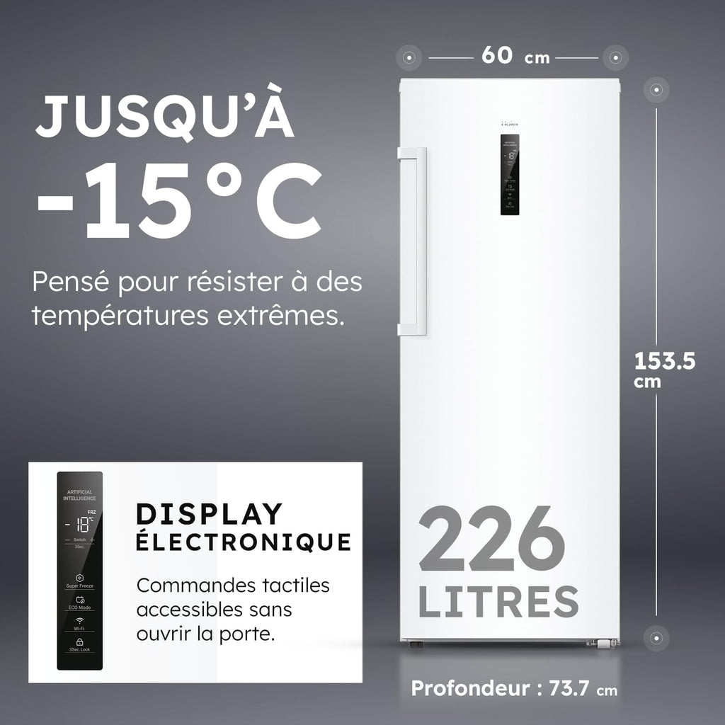 Congélateur Armoire Connecté - 1 Porte - Classe Énergétique E - Technologie Total No Frost - Blanc - 226 Litres - 153,5 x 60 x 73,7 cm