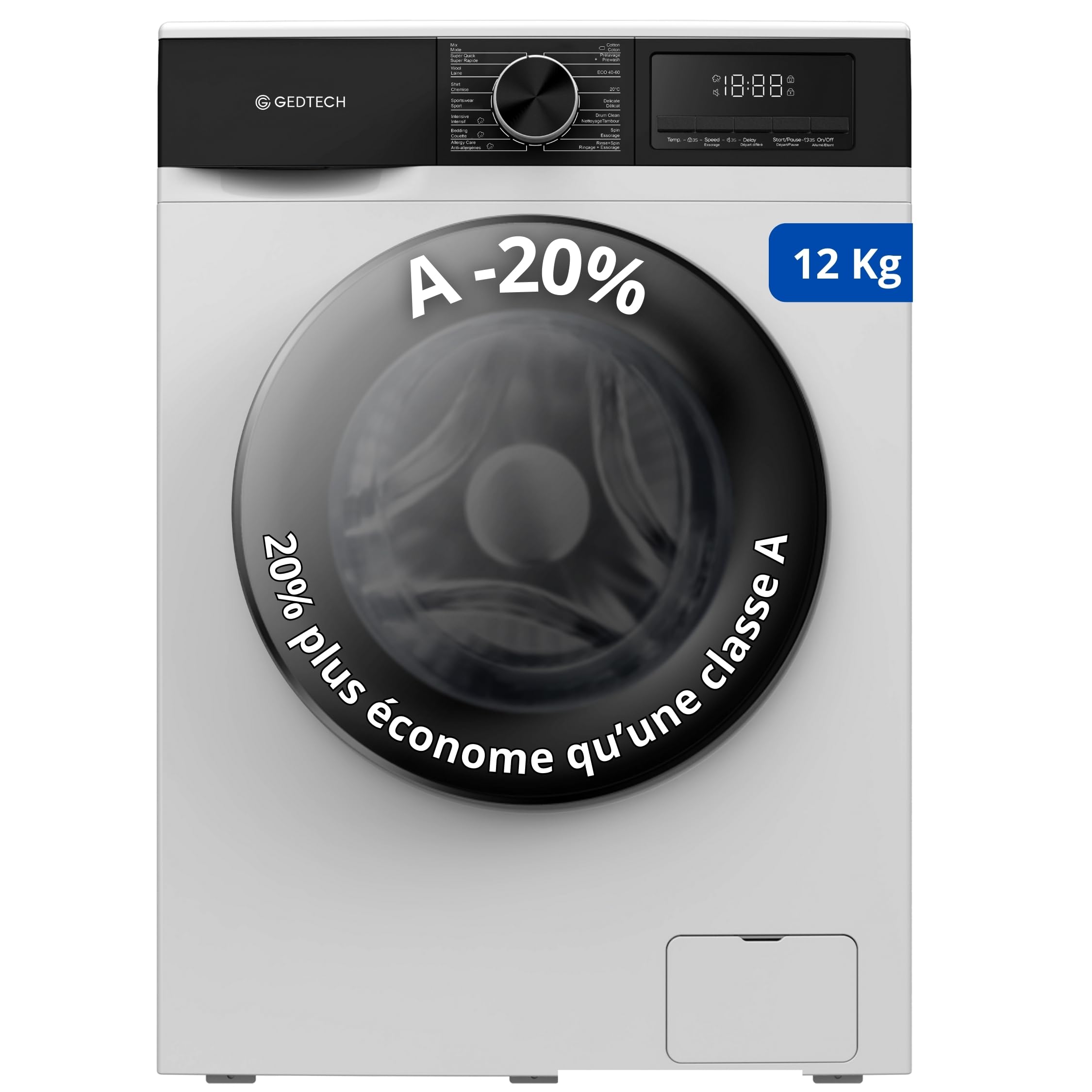 Lave-linge frontal - 12 Kg - 1400 tr/mn - 16 programmes - Eco - Intensif - Rapide – Très Faible conso - Classe A-20% (Blanc, 12 Kg)